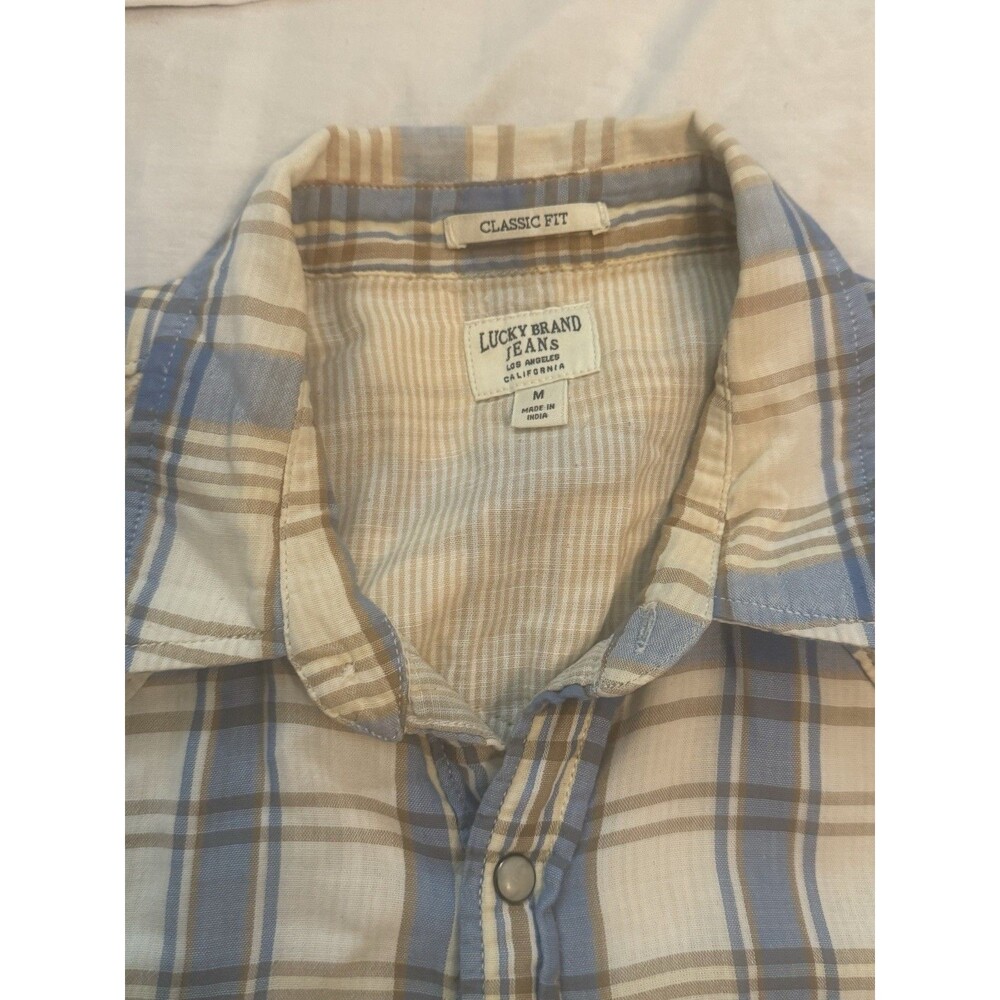 Lucky Brand Men's Western Pearl Snap Plaid Blue Gray Striped Lined Shirt M